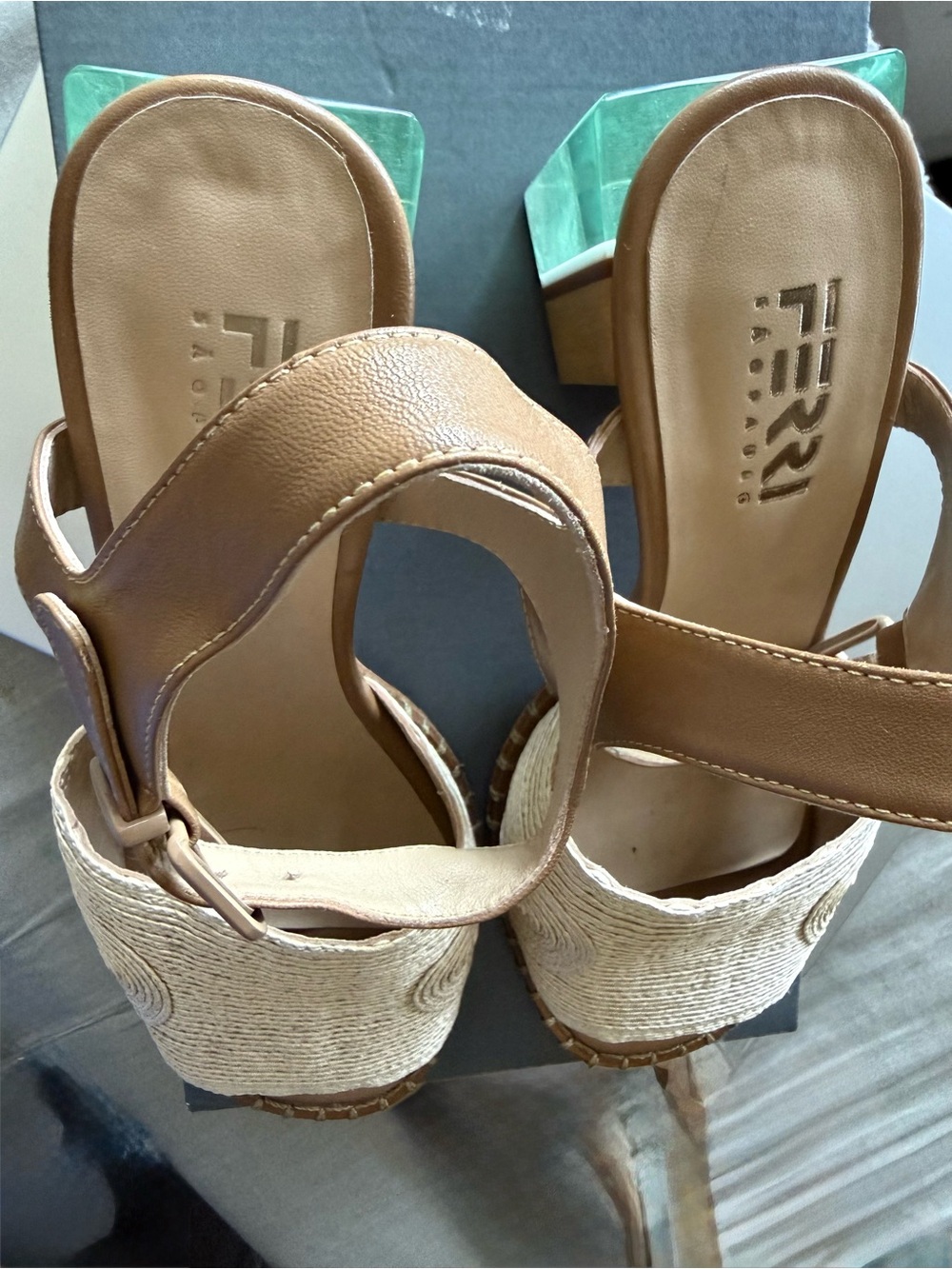FERRI
Womens Tan Leather Slingback Sandals with Aqua Block Heel - Picture 6 of 11